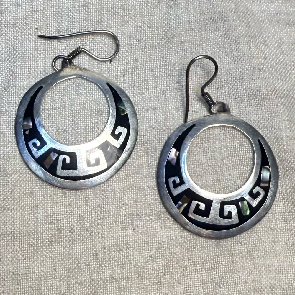 Vintage Taxco Sterling Enamel and Abalobe Hook Earrings